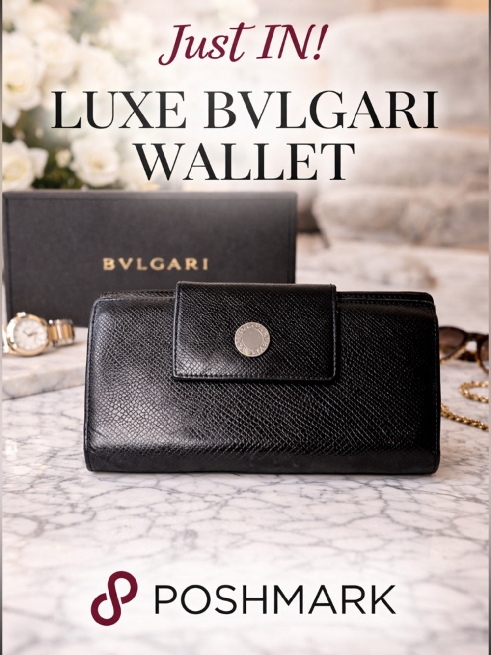 BVLGARI BLACK LEATHER LONG TRIFOLD WALLET SILVER LOGO ITALY AUTHENTIC